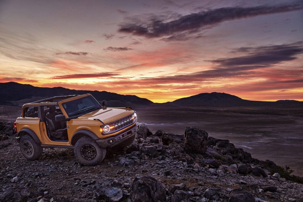 Pre-production 2021 two-door Bronco Black Diamond series in Cyber Orange Metallic Tri-Coat with available Sasquatch™ off-road package.